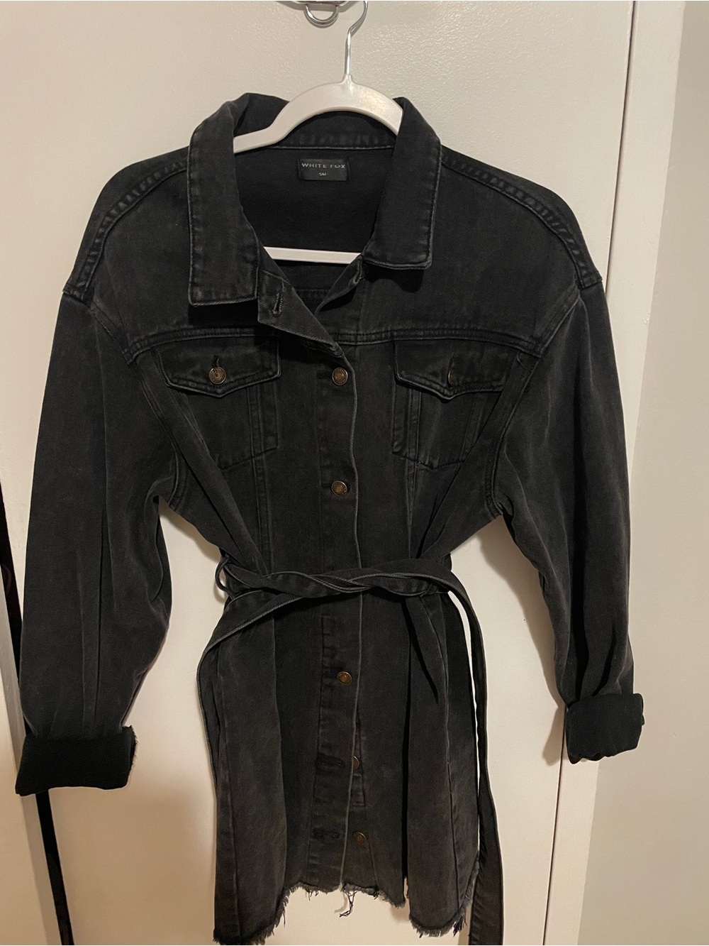 White Fox Washed Black Denim Belted Jacket Dress